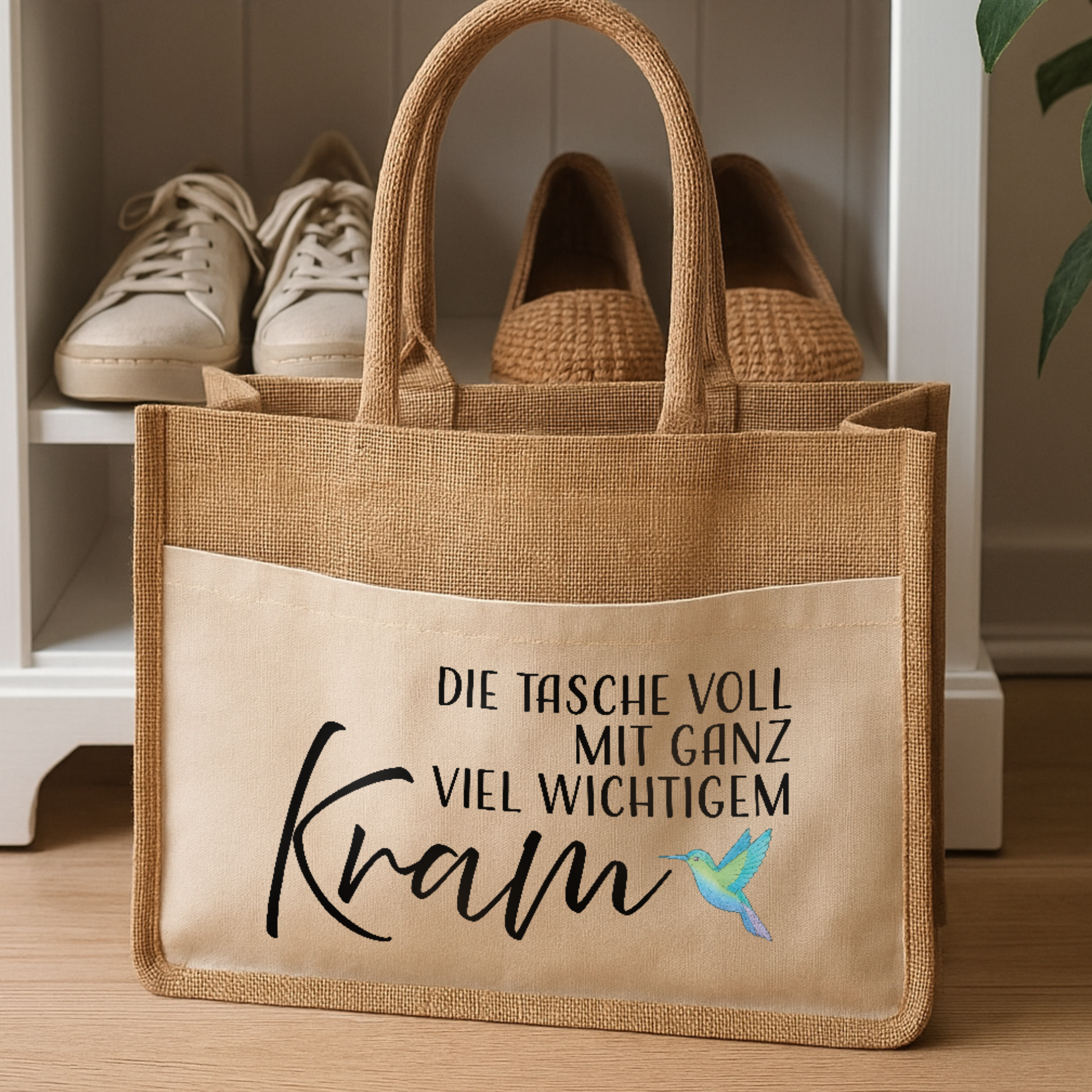 Jute-Shopper "Sara" → Aufdruck: Die Tasche voll mit ganz viel wichtigem Kram