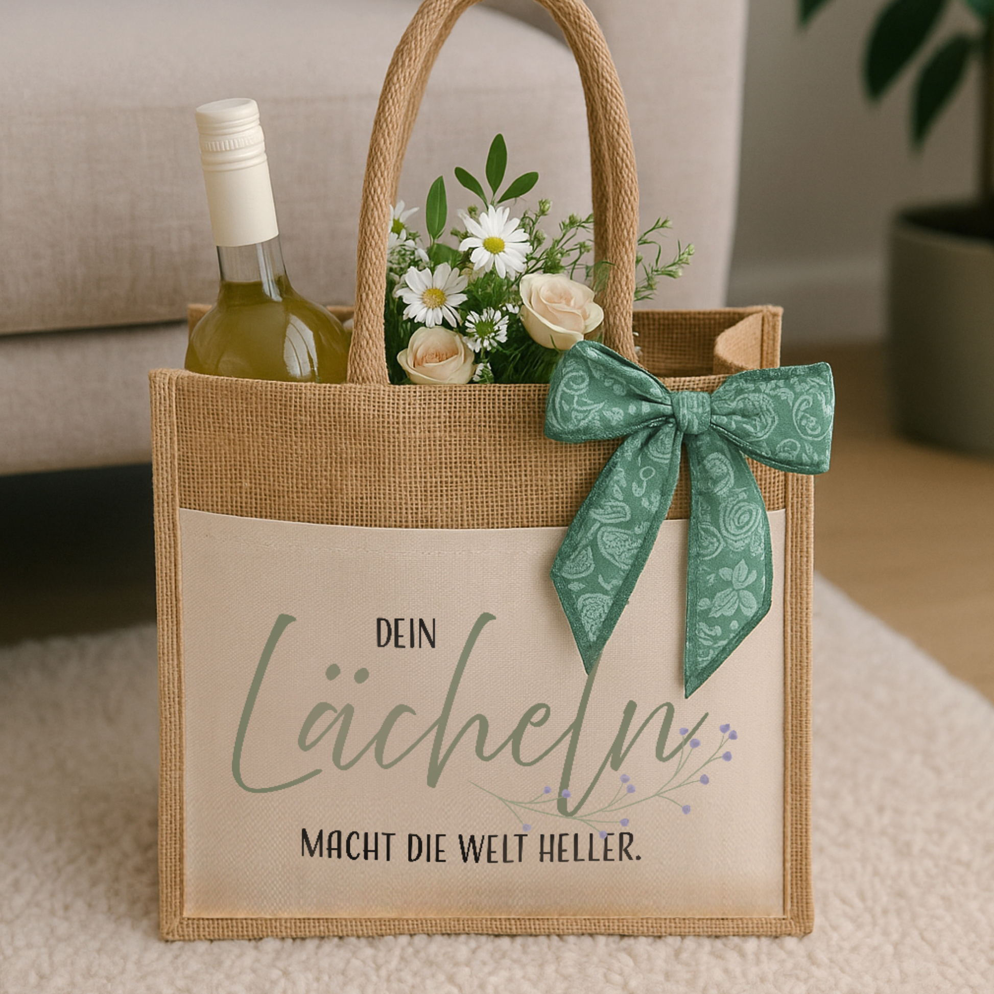 Jute-Shopper "Sara" → Aufdruck: Dein Lächeln macht die Welt heller