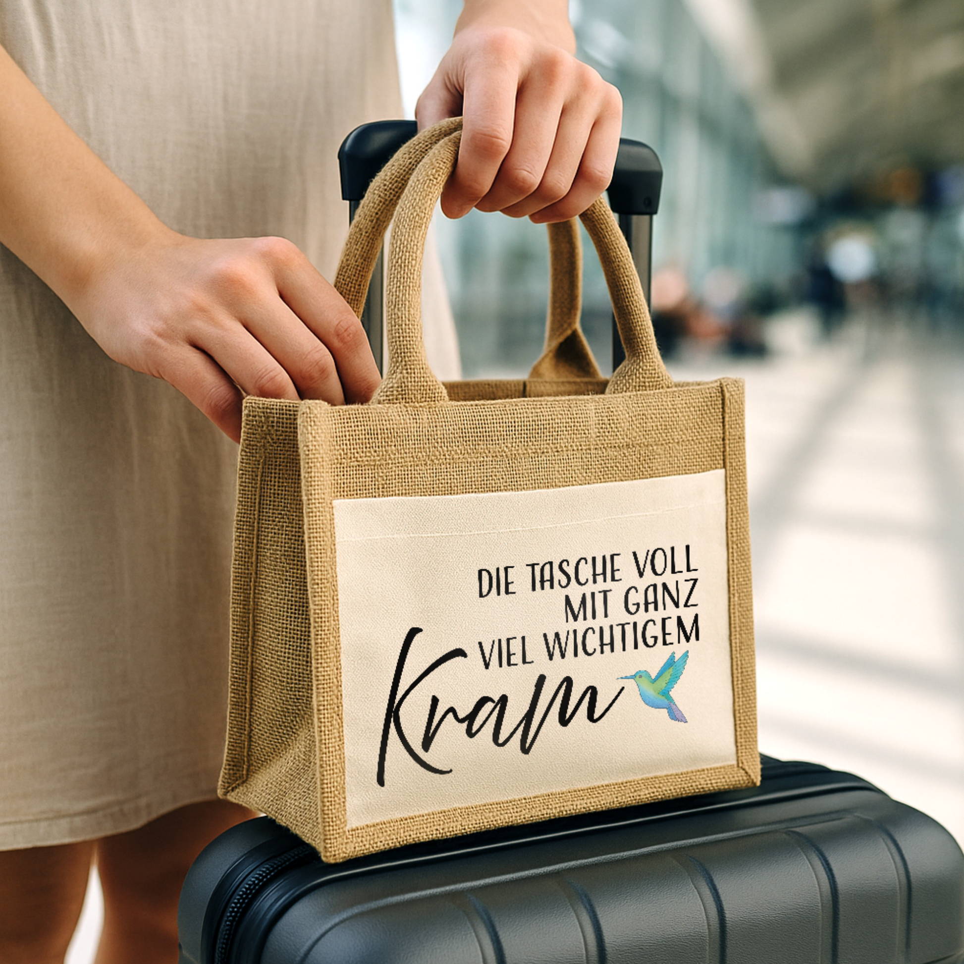 Jute Shopper "Lara" → Aufdruck: Die Tasche voll mit ganz viel wichtigem Kram