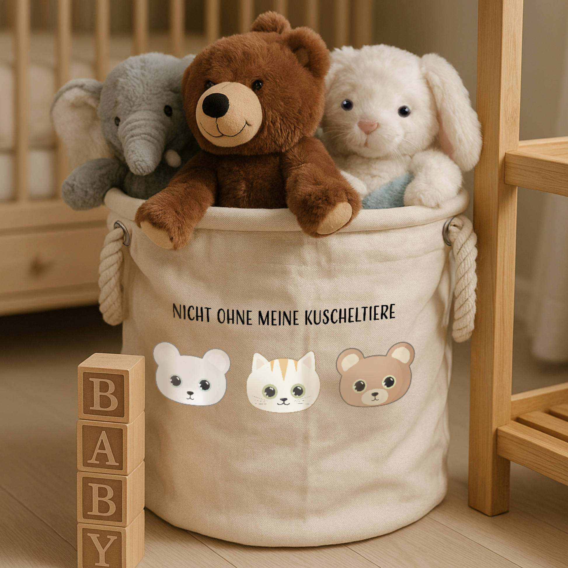 Aufbewahrungskorb „Hailey“ → Aufdruck: Nicht ohne meine Kuscheltiere