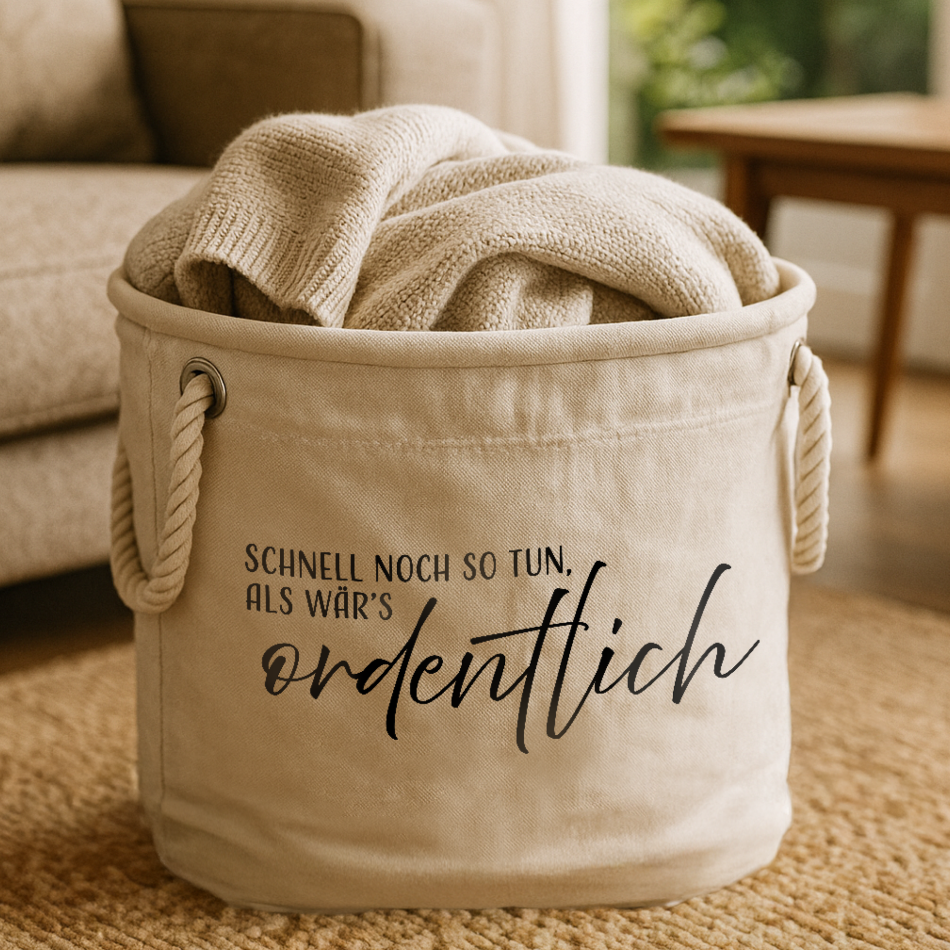 Aufbewahrungskorb „Hailey“ → Aufdruck: Schnell noch so tun als wärs ordentlich