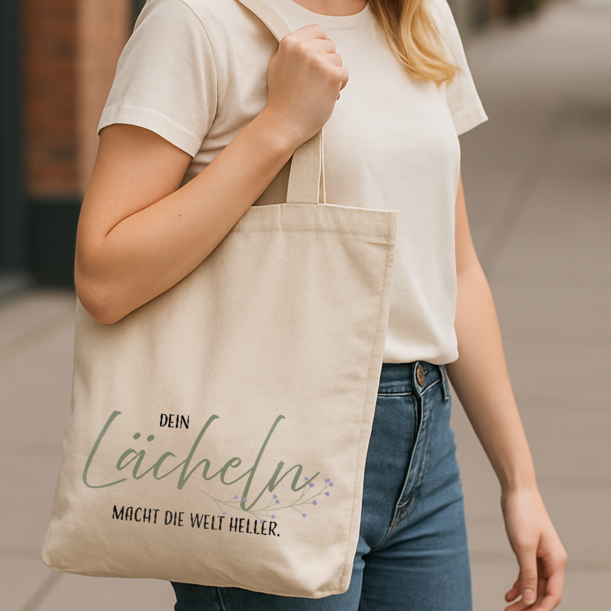 Tragetasche "Caro" → Aufdruck: Dein Lächeln macht die Welt heller