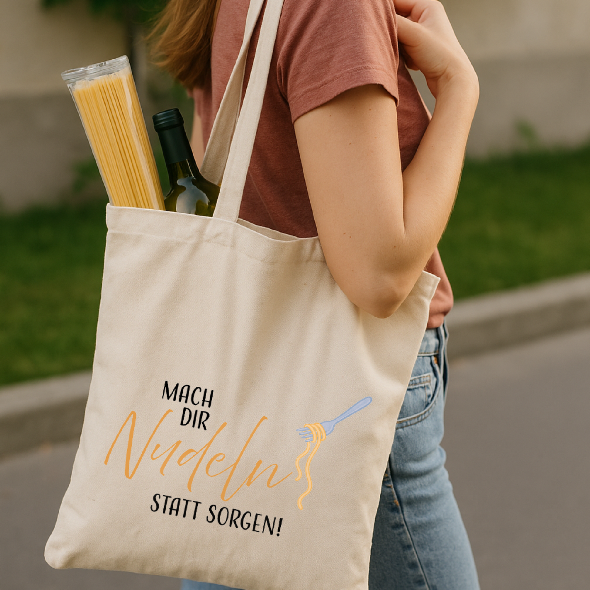 Tragetasche "Caro" → Aufdruck: Mach dir Nudeln statt Sorgen