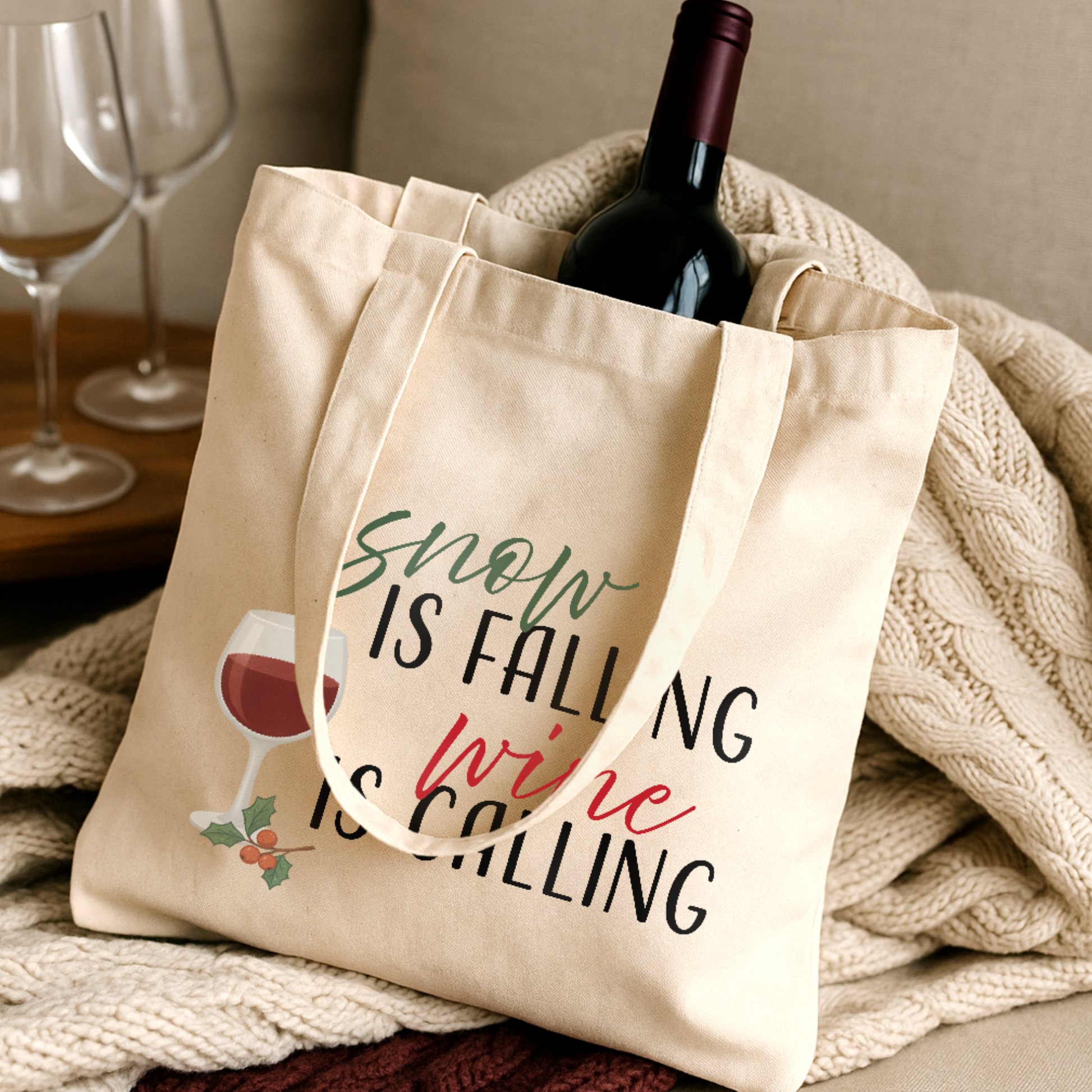 Tragetasche "Caro" → Aufdruck: Snow is falling, wine is calling