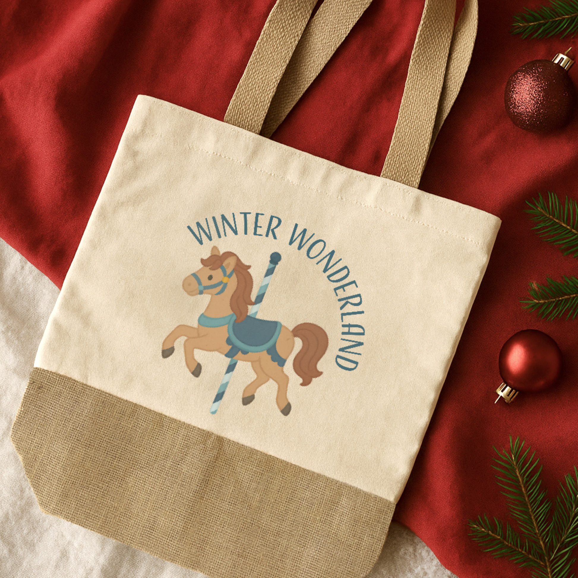 Baumwoll-Jute-Tragetasche „Judith“ → Aufdruck: Karussellpferd „Winter Wonderland“