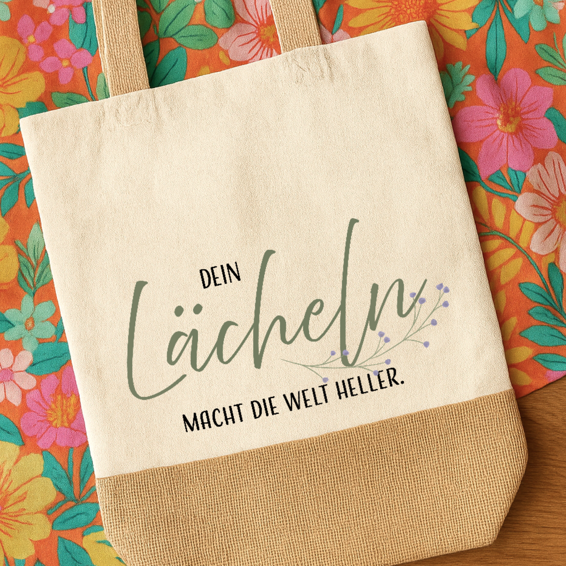 Baumwoll-Jute-Tragetasche „Judith“ → Aufdruck: Dein Lächeln macht die Welt heller