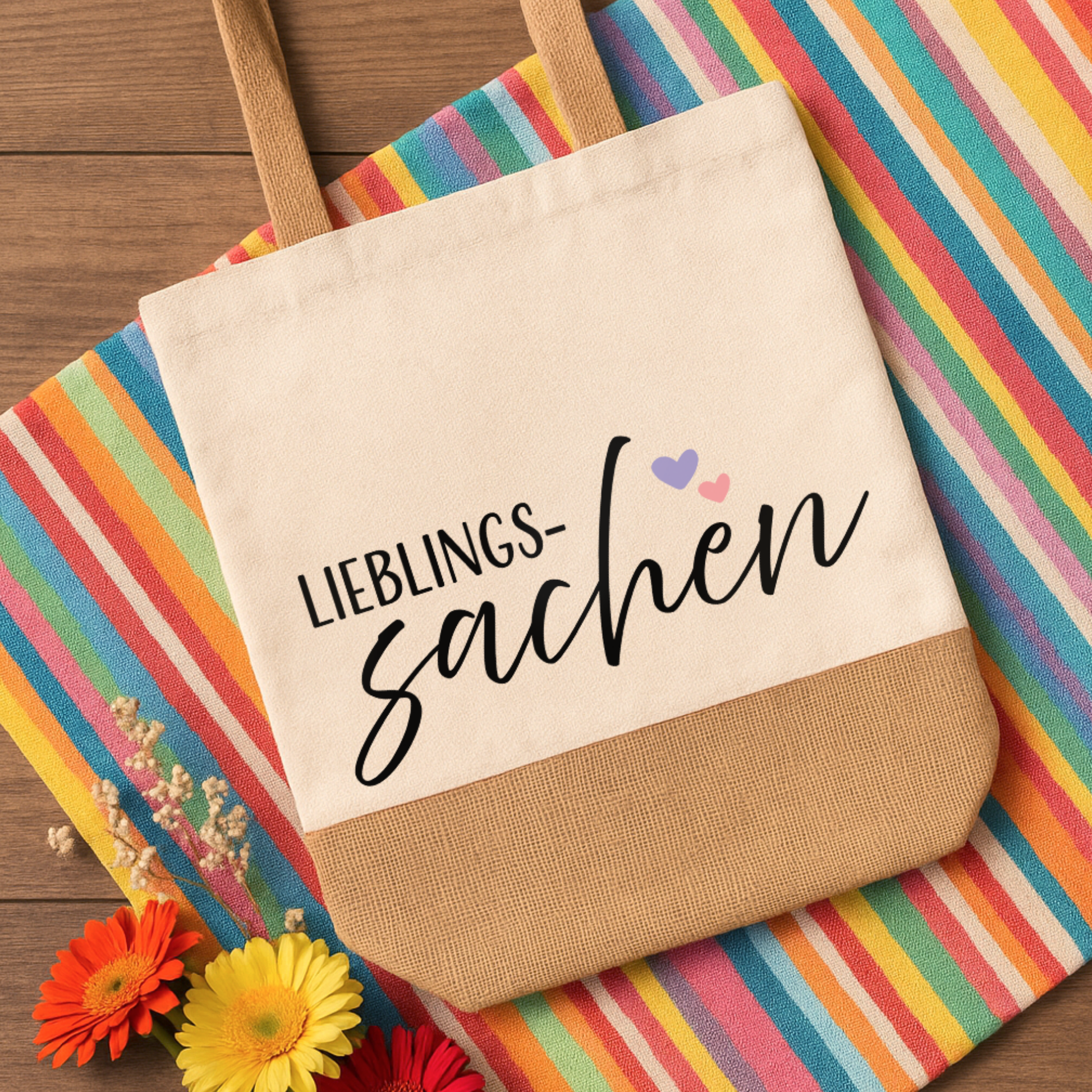 Baumwoll-Jute-Tragetasche „Judith“ → Aufdruck: Lieblingssachen