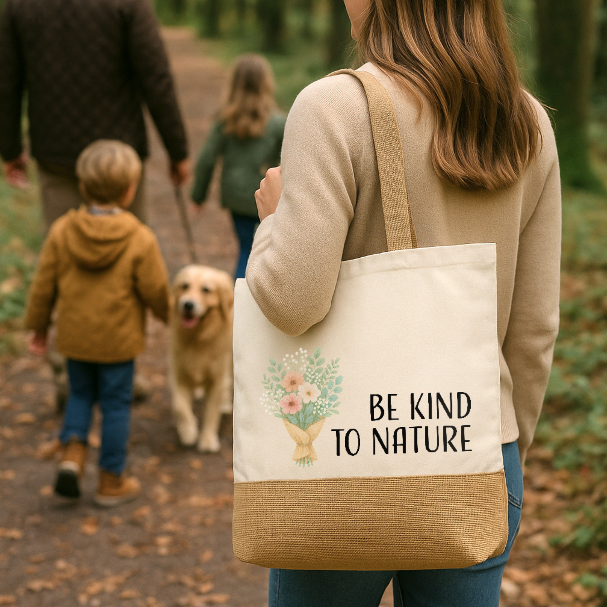 Baumwoll-Jute-Tragetasche „Judith“ → Aufdruck: Be kind to nature