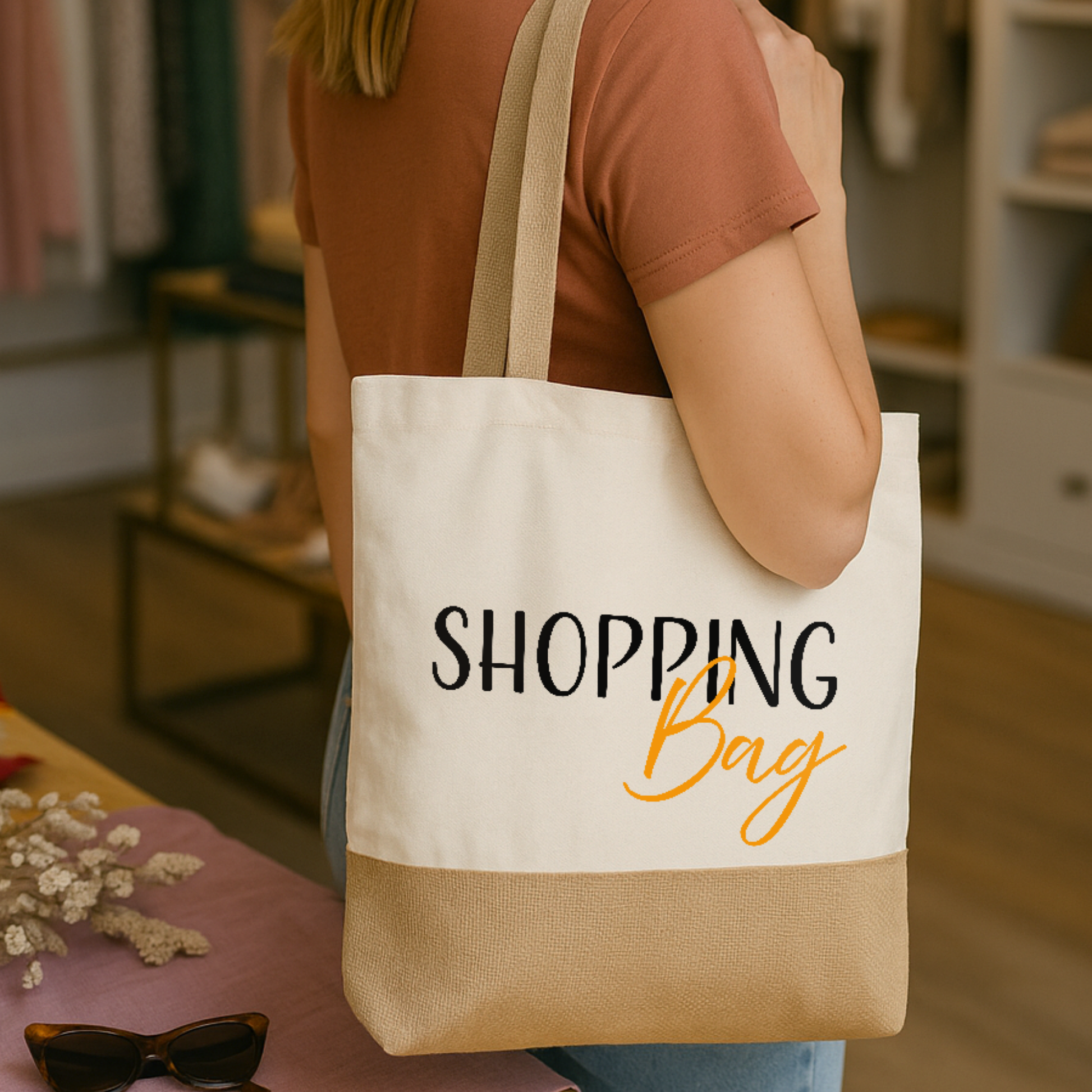 Baumwoll-Jute-Tragetasche „Judith“ → Aufdruck: Shopping Bag