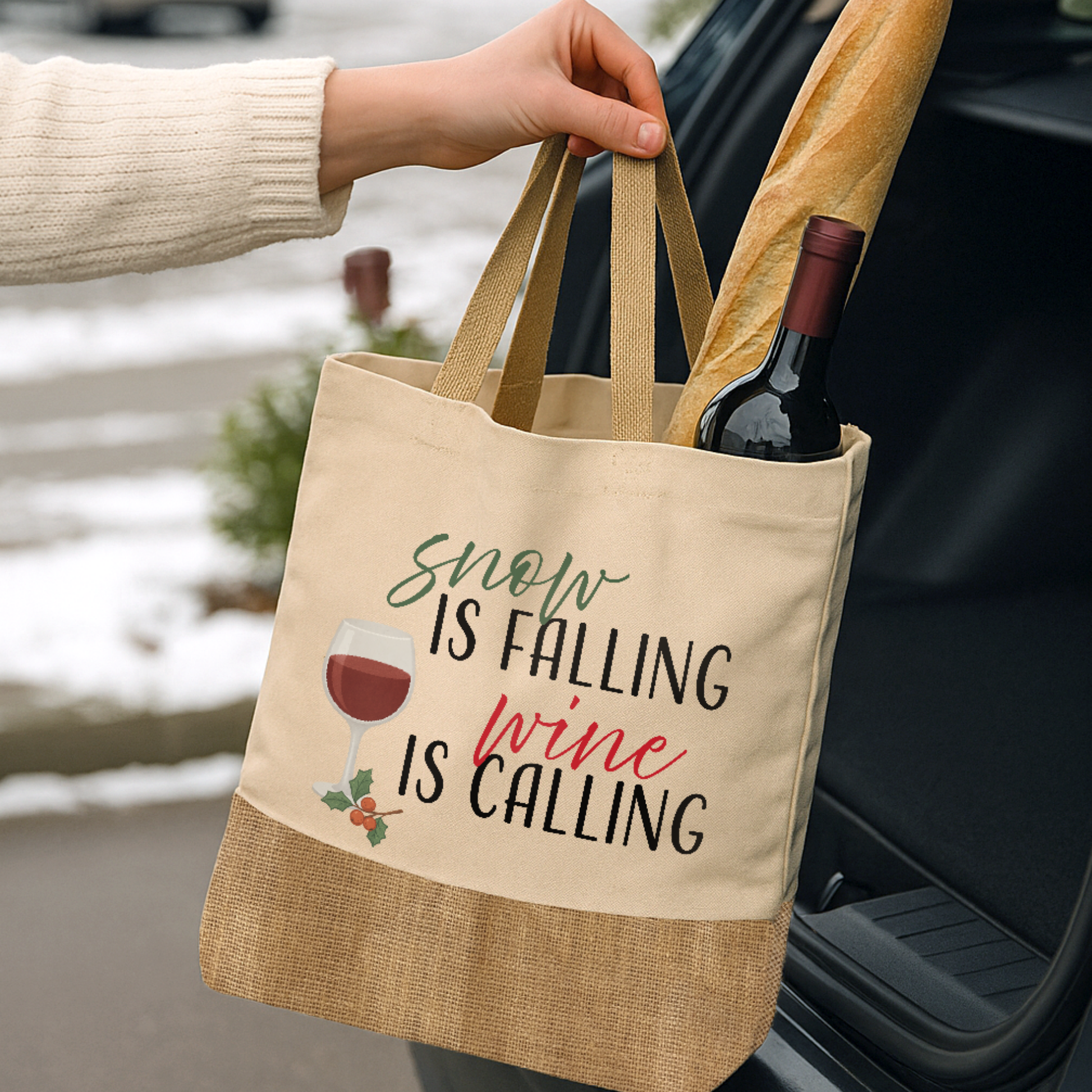 Baumwoll-Jute-Tragetasche „Judith“ → Aufdruck: Snow is falling, wine is calling