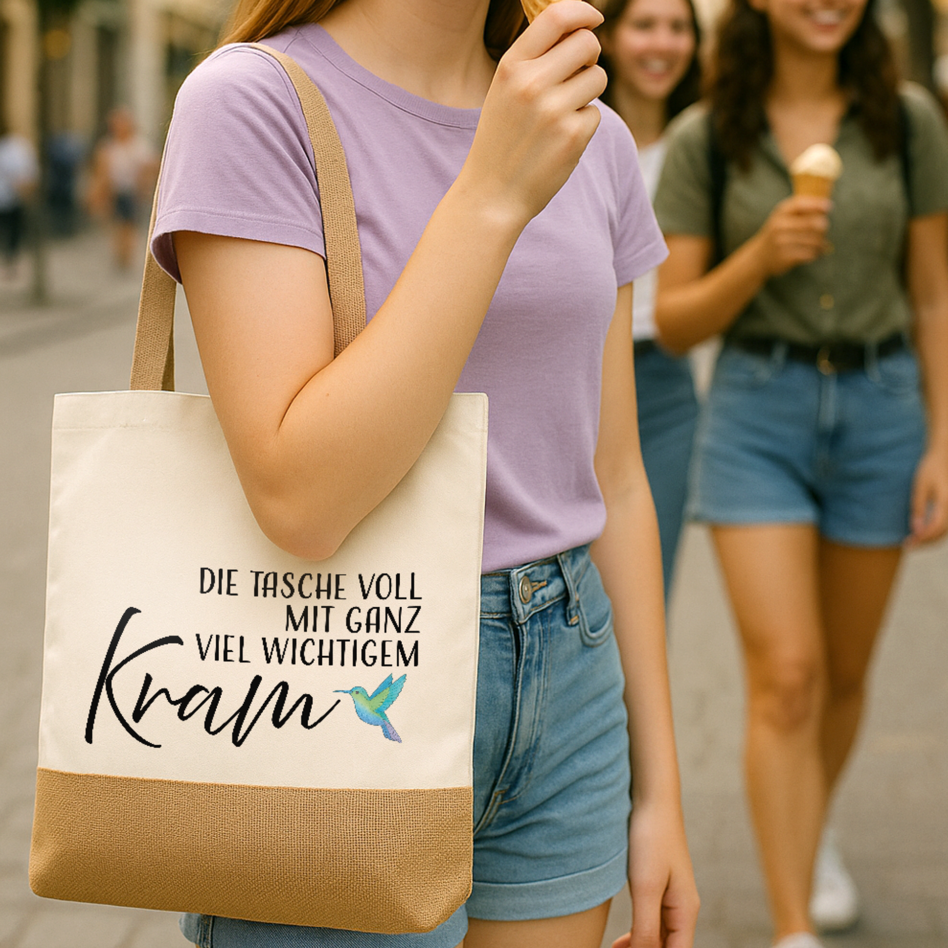 Baumwoll-Jute-Tragetasche „Judith“ → Aufdruck: Die Tasche voll mit ganz viel wichtigem Kram