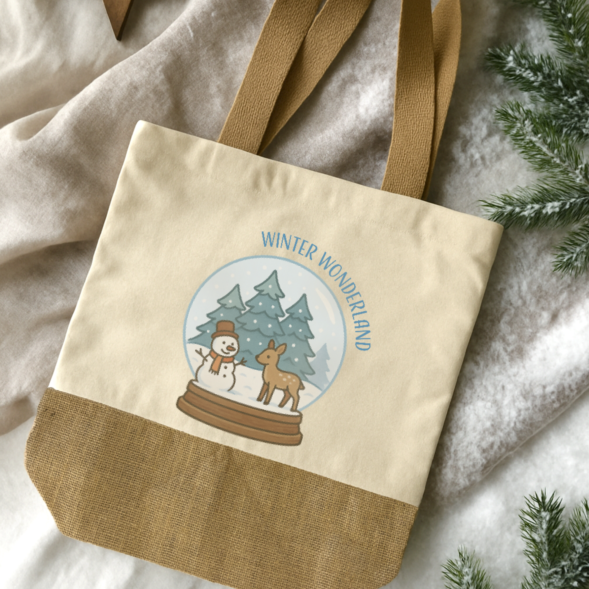 Baumwoll-Jute-Tragetasche „Judith“ → Aufdruck: Schneekugel „Winter Wunderland“