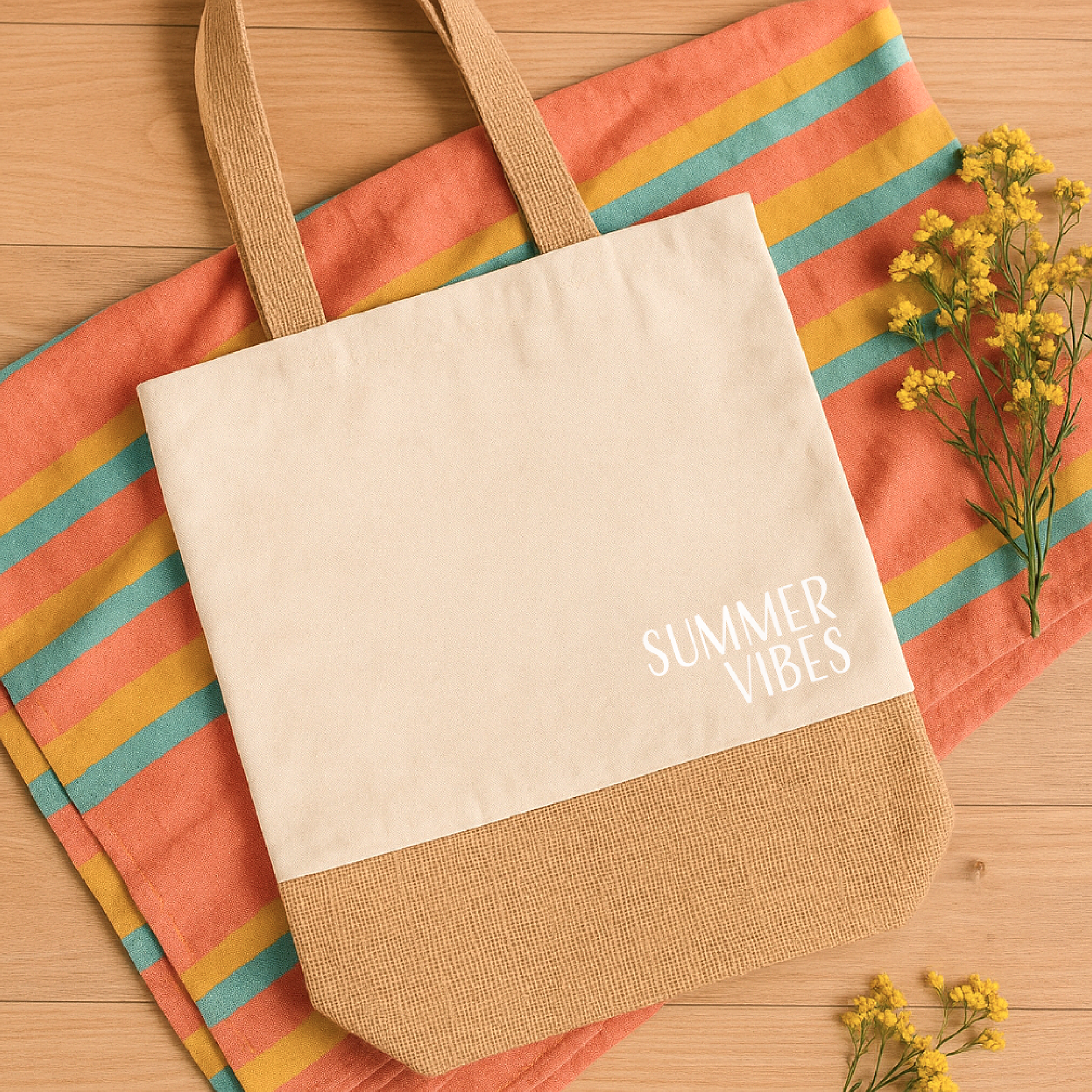 Baumwoll-Jute-Tragetasche „Judith“ → Aufdruck: Summer Vibes