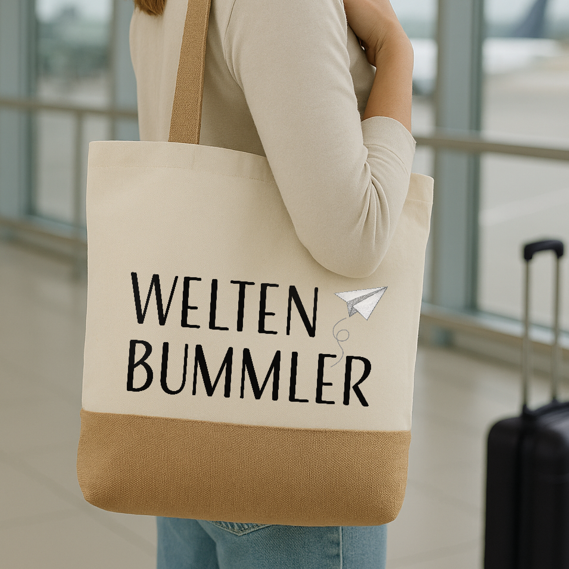 Baumwoll-Jute-Tragetasche „Judith“ → Aufdruck: Weltenbummler