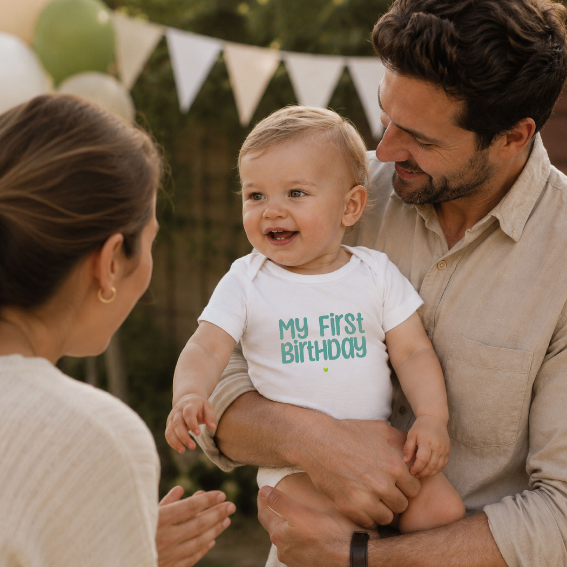 Babybody → Aufdruck: My first Birthday (Türkis)
