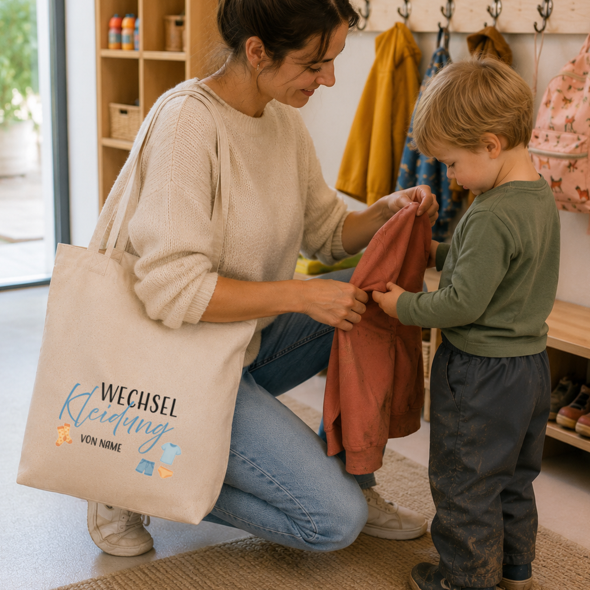 personalisierte Tragetasche "Caro" → Aufdruck: Wechselkleidung (blau)