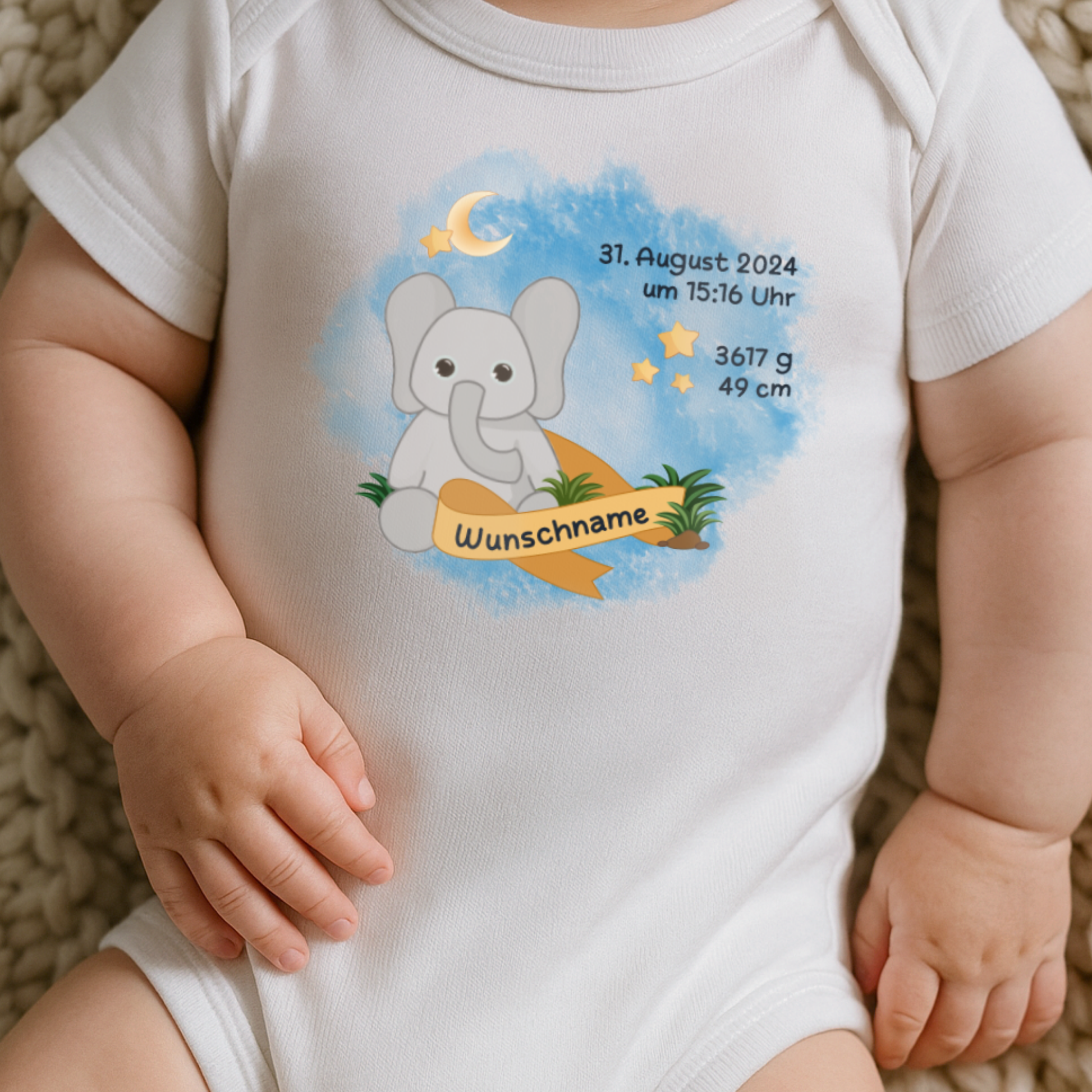 personalisierter Babybody → Aufdruck: Elefant