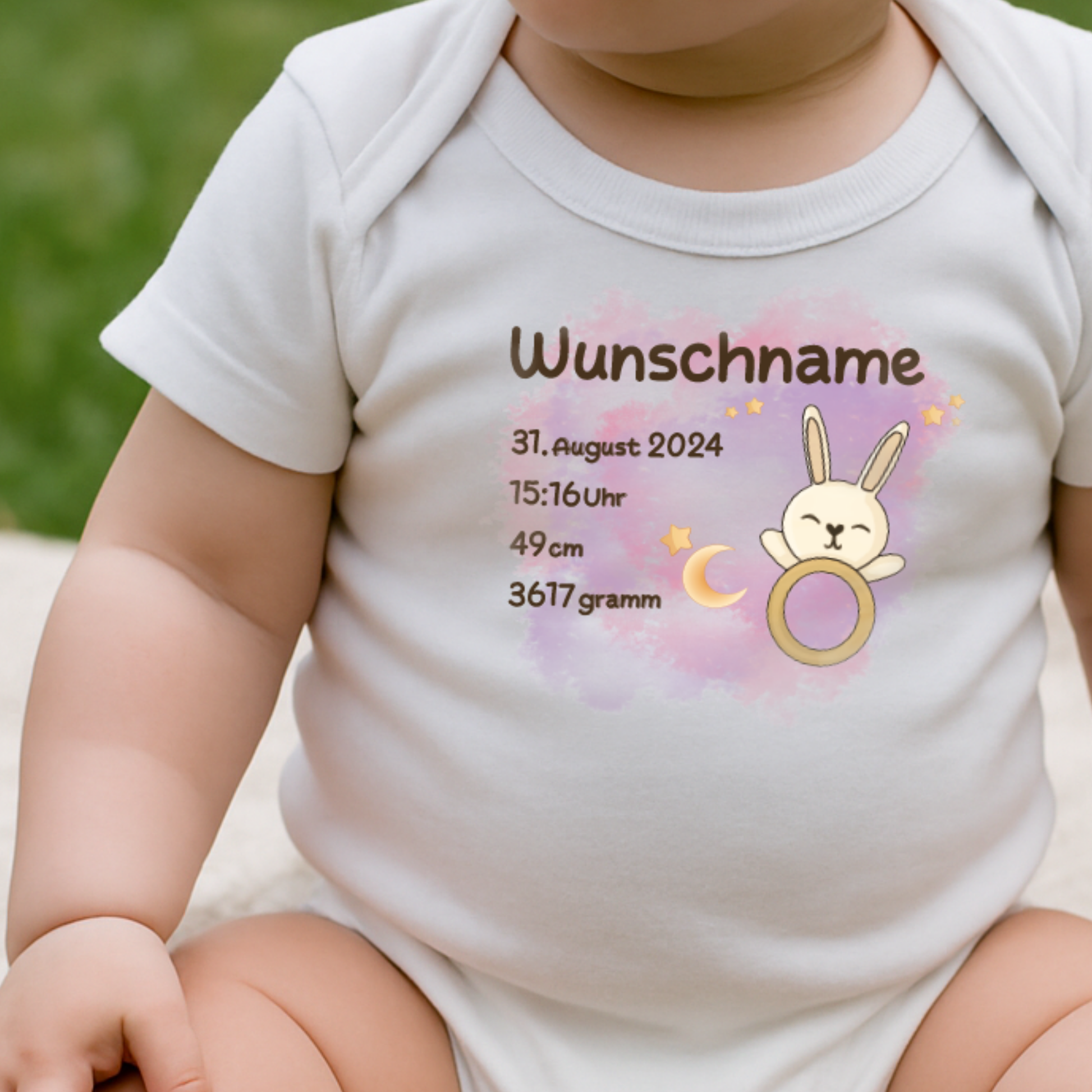 personalisierter Babybody → Aufdruck: Greifring Hase