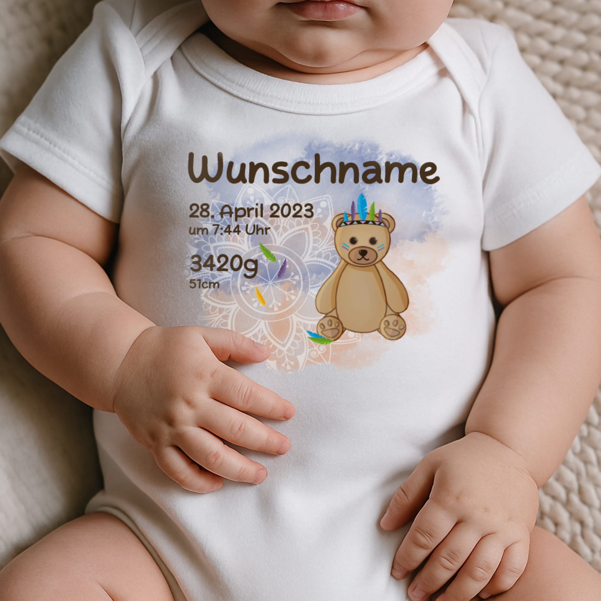 personalisierter Babybody → Aufdruck: Indianer Teddy