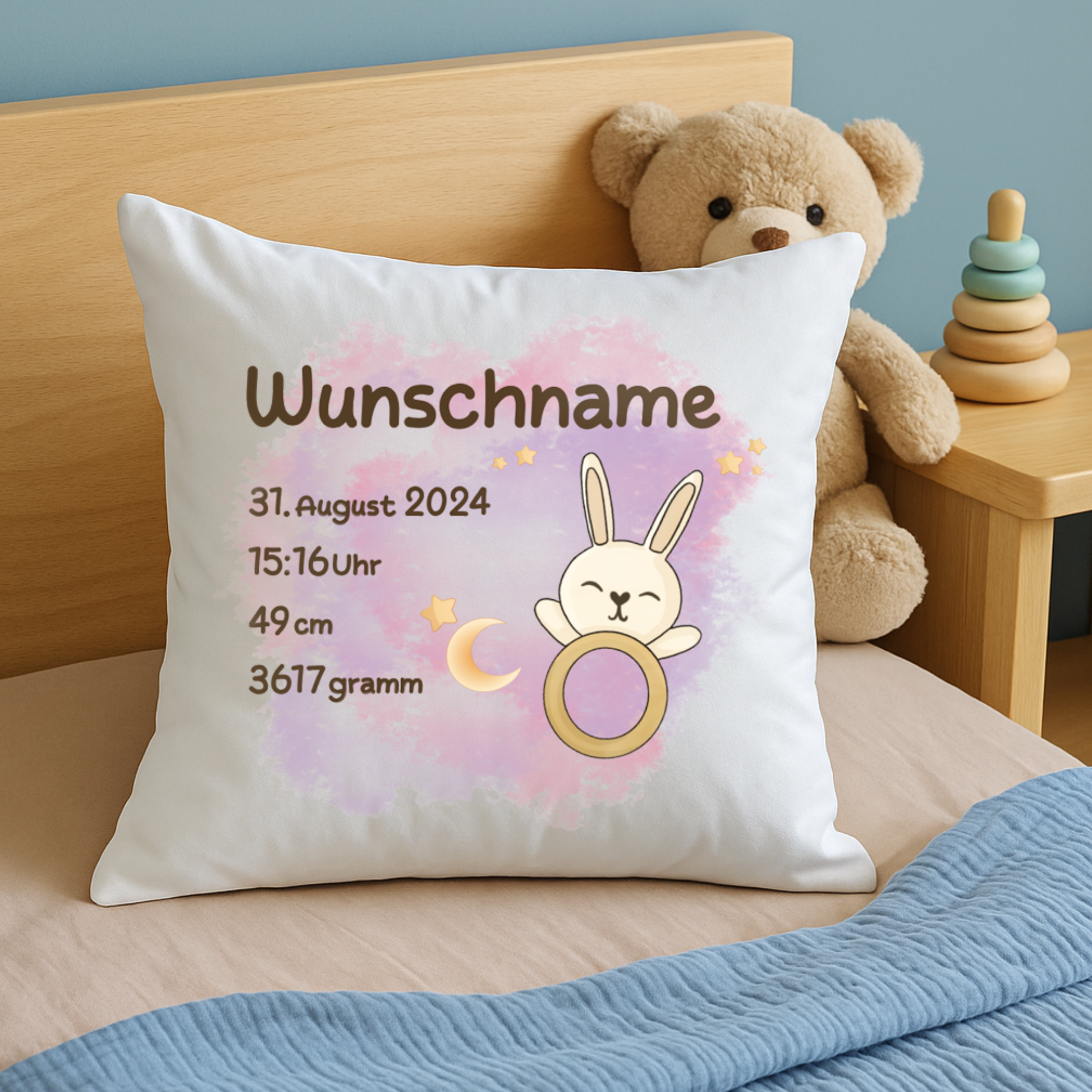 personalisiertes Kissen → Aufdruck: Greifring Hase