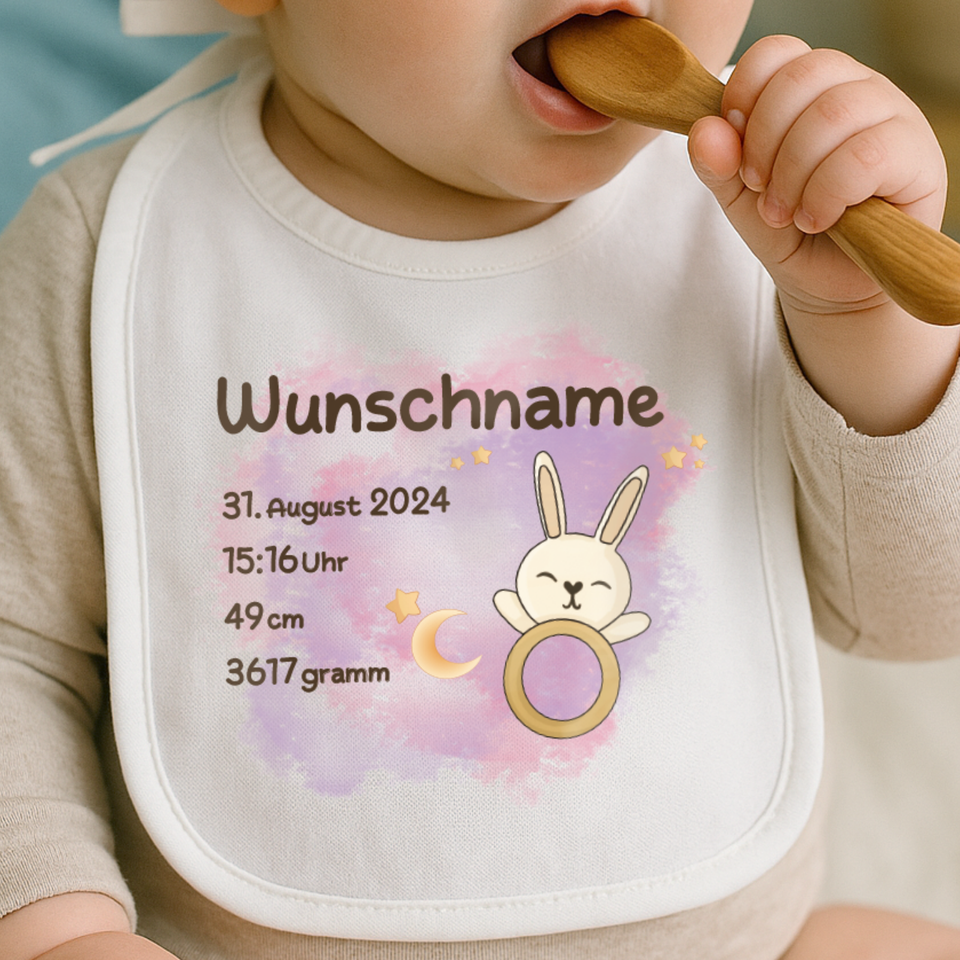 personalisiertes Lätzchen → Aufdruck: Greifring Hase