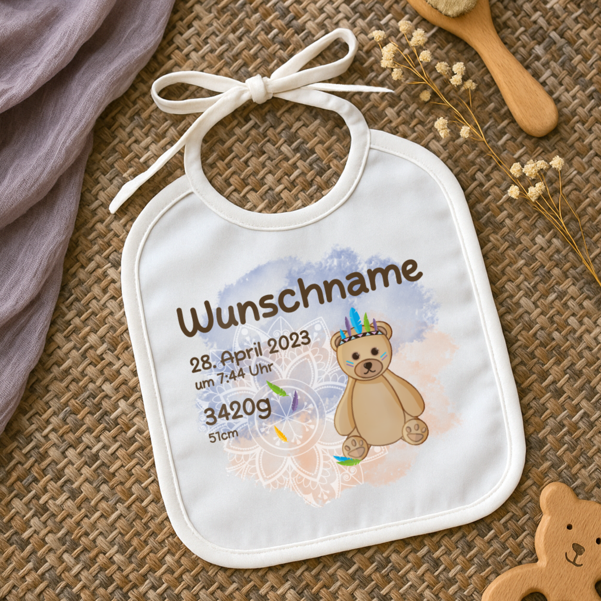 personalisiertes Lätzchen → Aufdruck: Indianer Teddy
